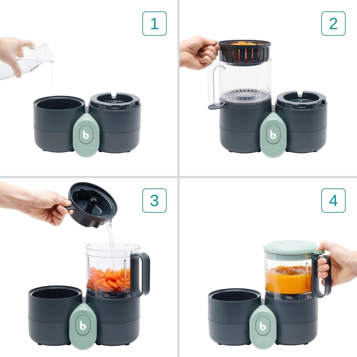 Baby food processor with two clear jars, dark gray body, mint button; hands adjust lid