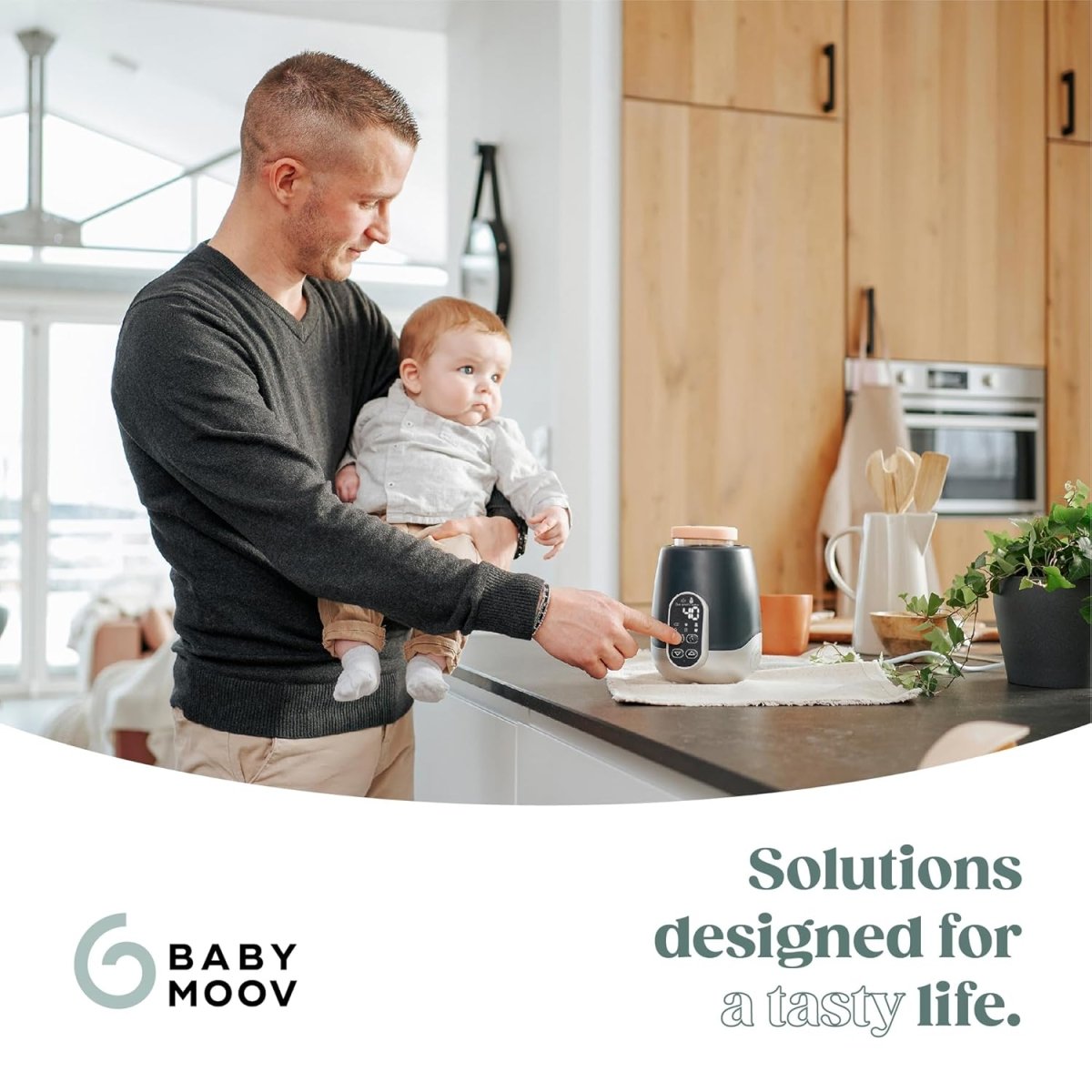 NutriSmart Nomad bottle warmer on kitchen counter with milk bottle