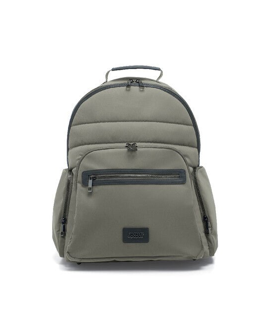 Olive green backpack with top handle and front zip pocket