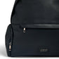 Black changing backpack with front zipper pocket and logo badge