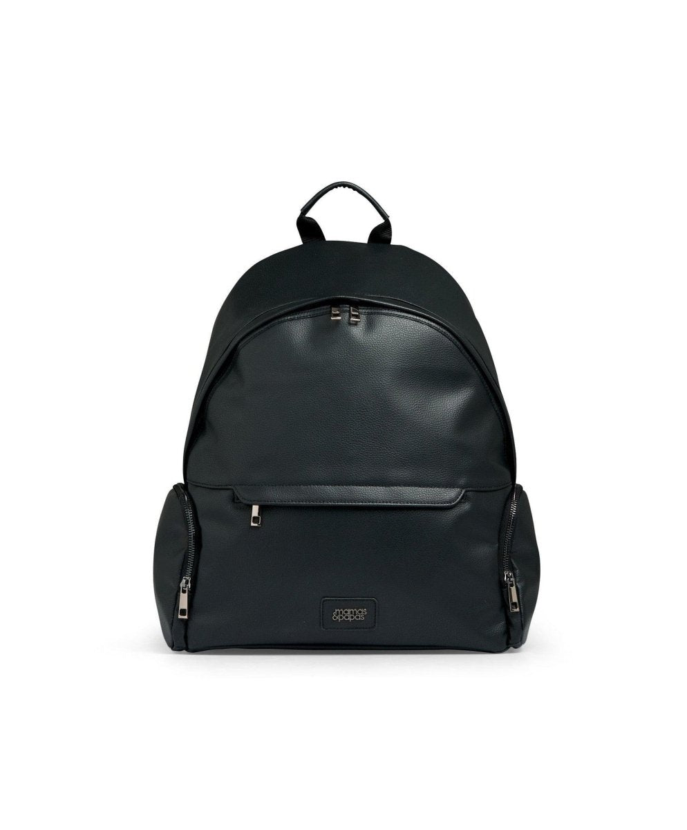 Black changing backpack with top handle, front zip pocket, and side zips