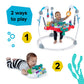 Baby activity jumper with red tray and colorful learning toys, two play positions shown