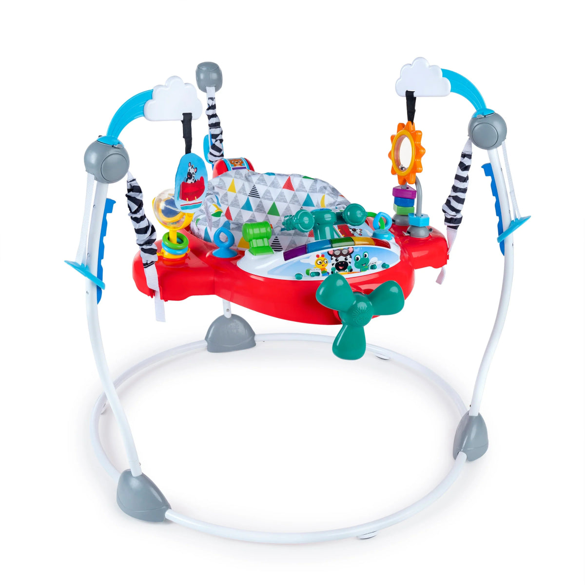 Baby activity jumper with circular base, red tray, blue supports, and dangling play pieces