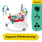 Baby activity jumper with red tray featuring number and shape toys and blue hanging arches