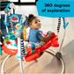 2-in-1 baby activity jumper with red seat, blue frame, and hanging colorful toys