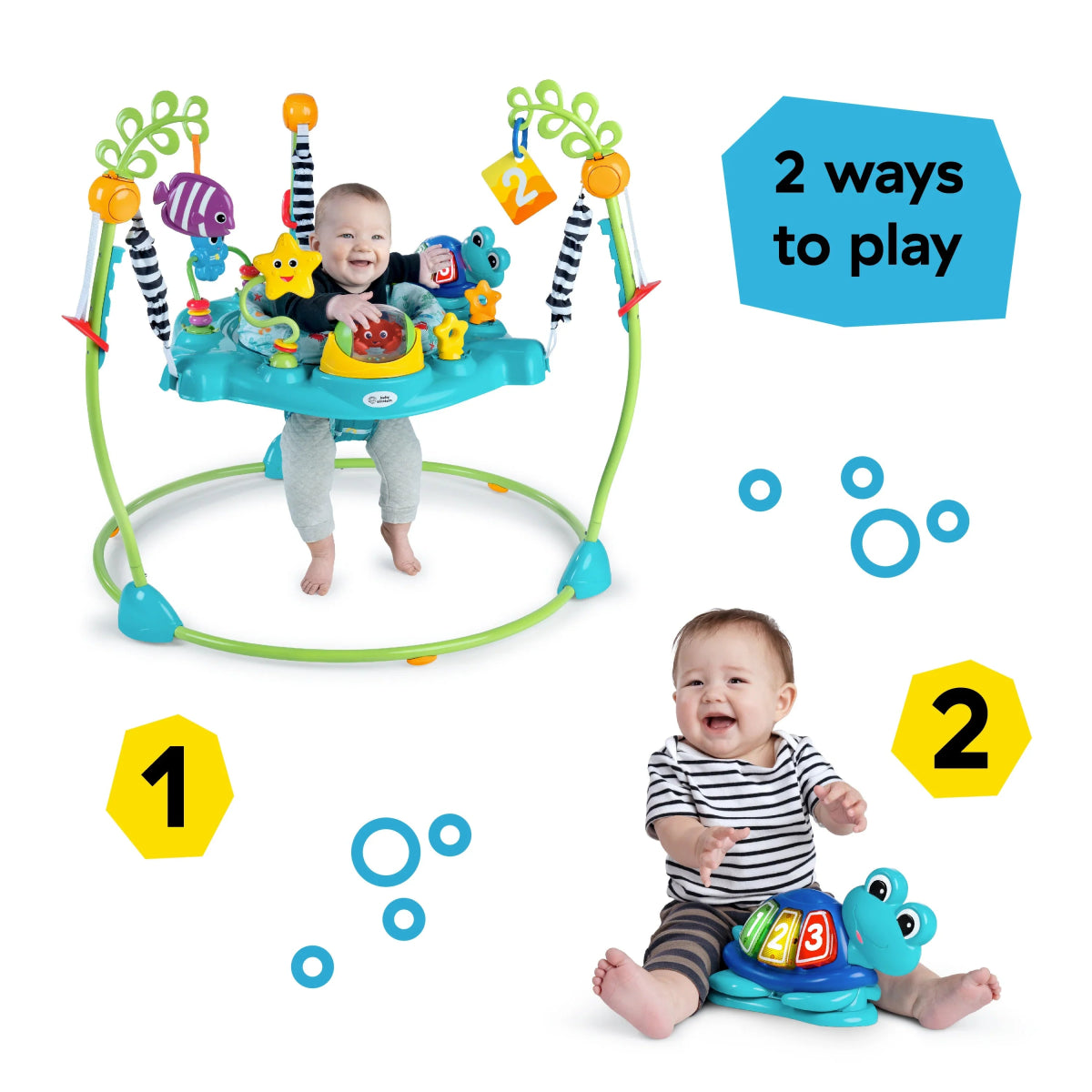 Blue and green activity jumper with ocean toy panel, spring base, and play rings
