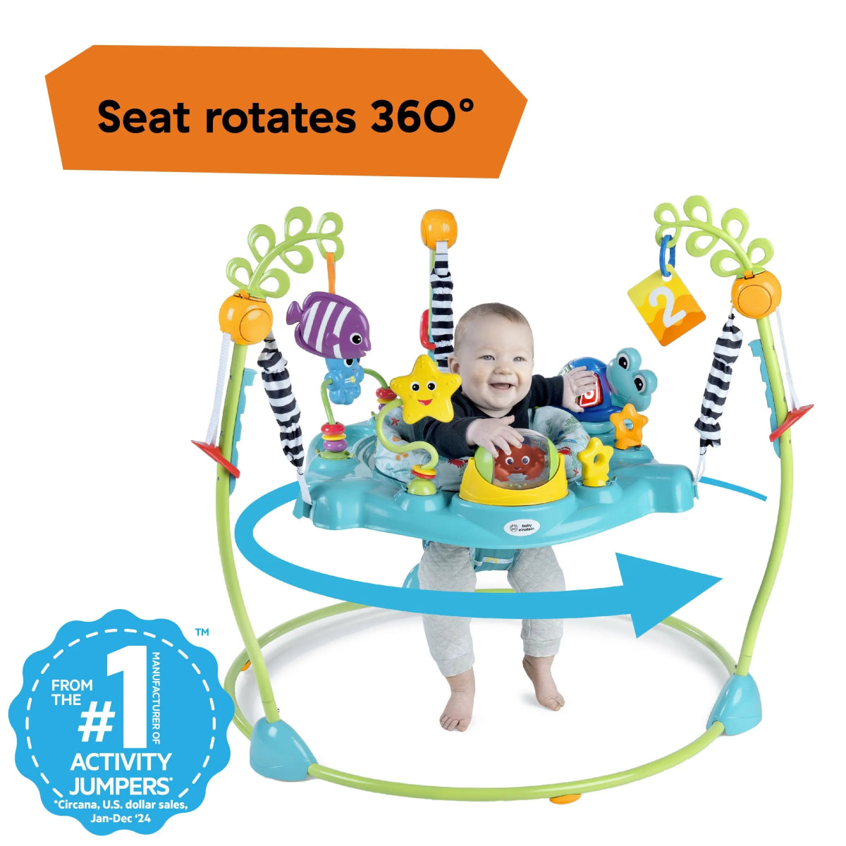 Ocean-themed activity jumper with 360° rotating seat and character toy attachments
