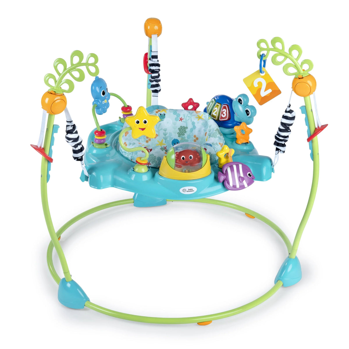 Blue and green 2-in-1 activity jumper with ocean animal toys and rotating seat