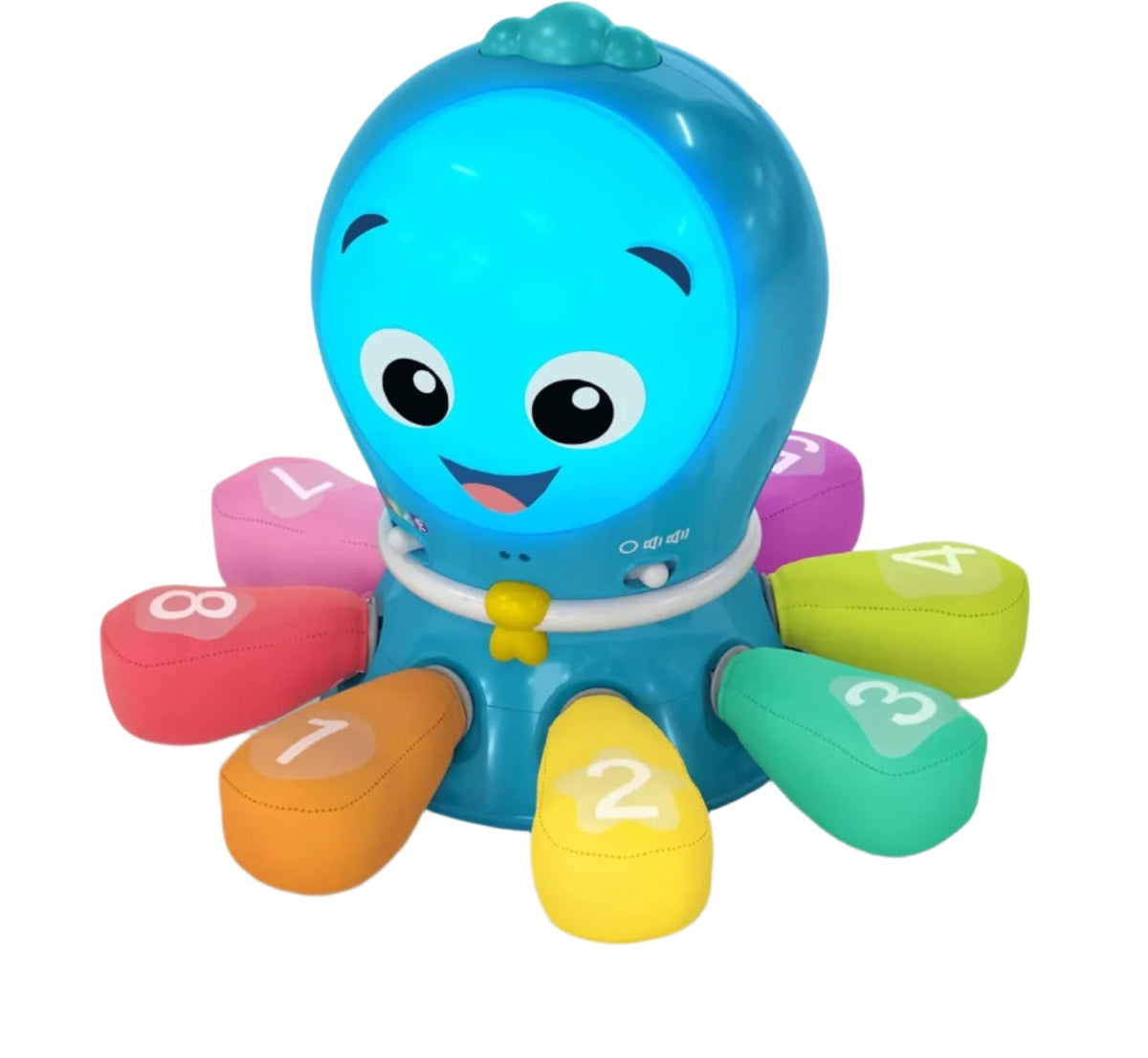 Blue smiling crawling toy with Opus head and colorful handle pieces around it