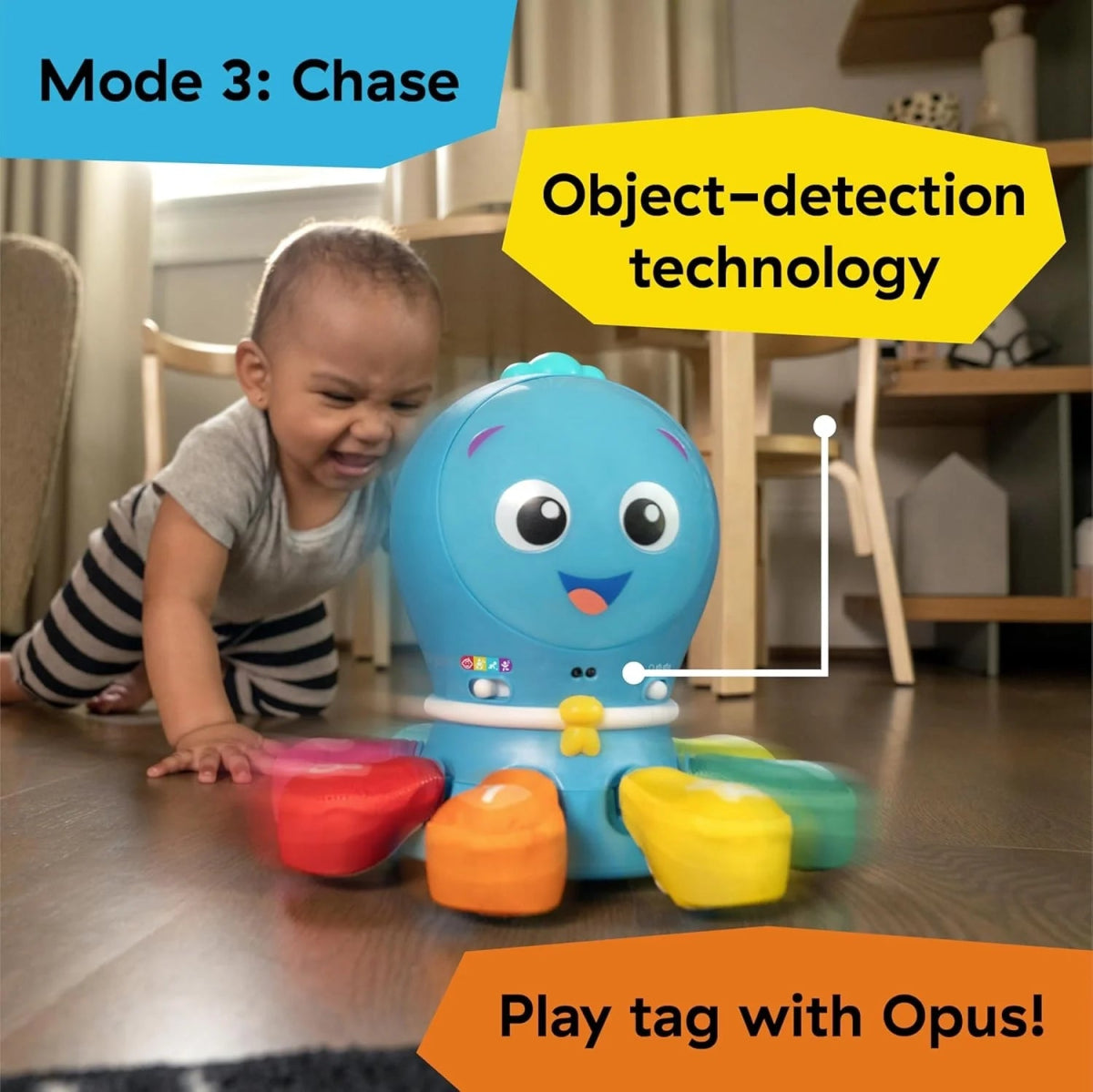 Blue Opus chase toy with object-detection arm stand and colorful catch pieces
