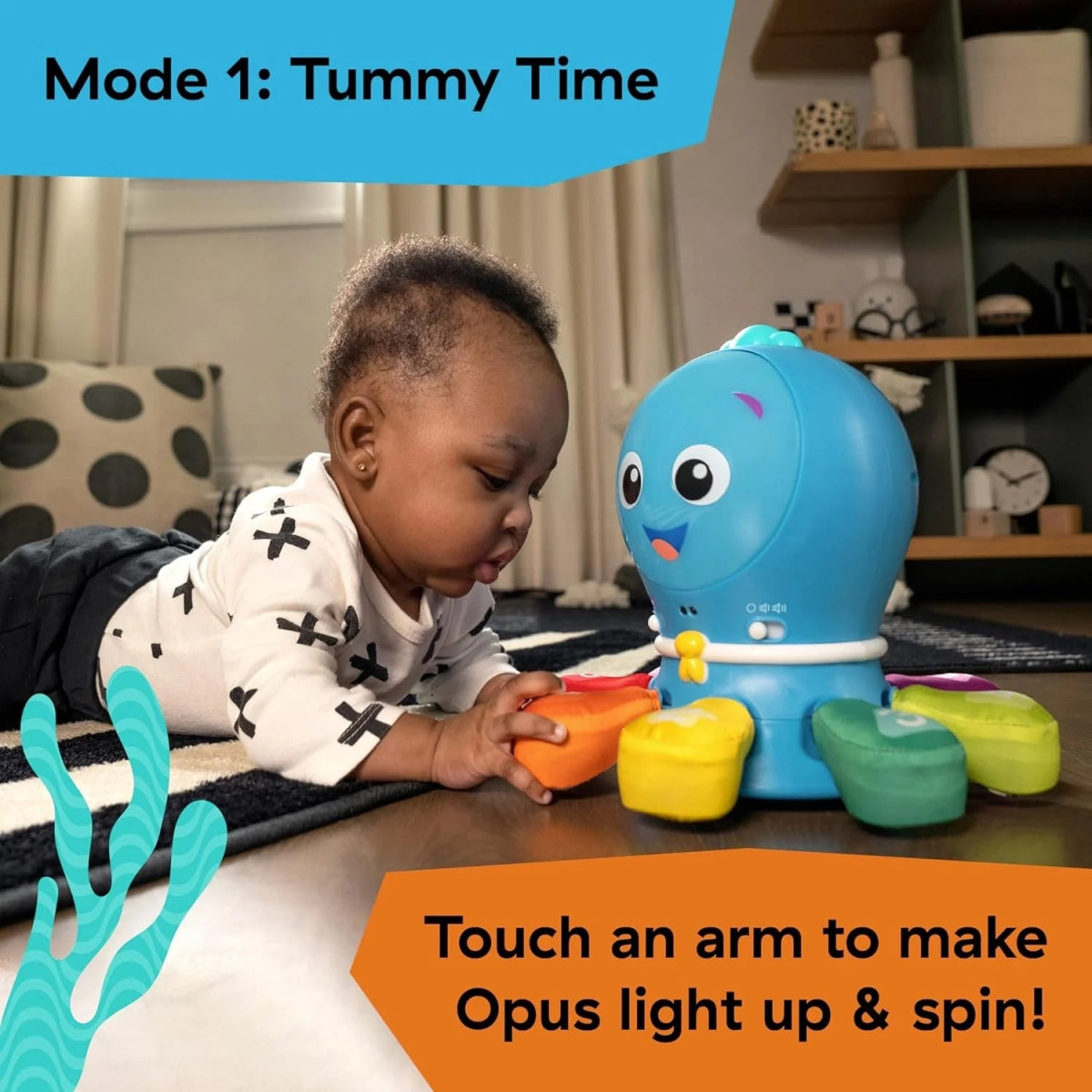 Blue Opus crawling toy with colorful arm pieces and light-up style base