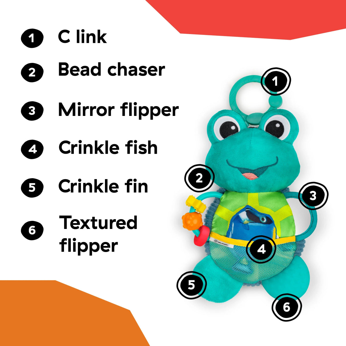 Turquoise frog plush activity toy with ring handle and multiple textured details