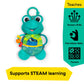 Turquoise frog sensory activity plush toy with ring handle and colorful front panel