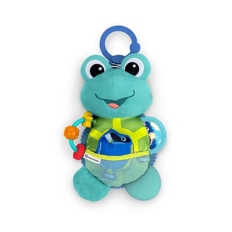 Turquoise frog sensory activity plush toy with ring handle and colorful activity front
