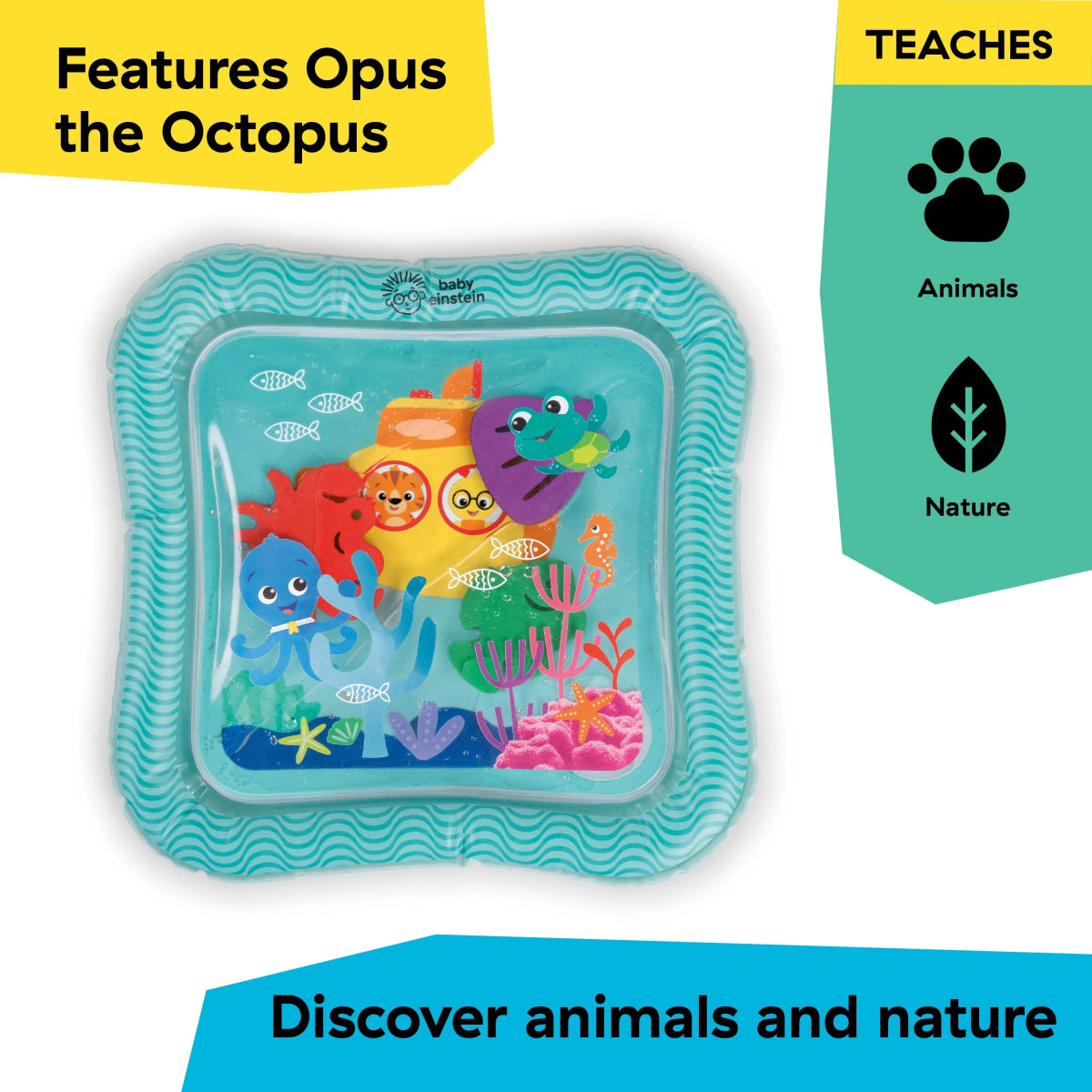 Ocean water mat with sea creatures, turquoise wave-pattern frame and clear center