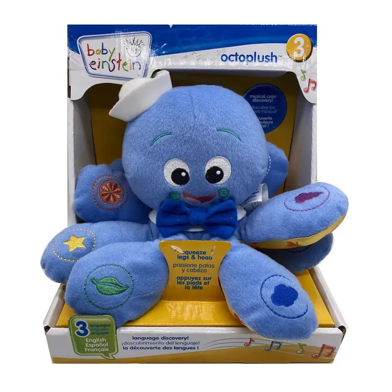 Octopus plush toy in gift box, blue body with bow tie and big eyes