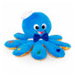 Blue octopus plush toy with white bow tie and stitched smiling face, soft tentacles