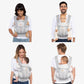 Light gray baby carrier shown on front, back, and side views with baby