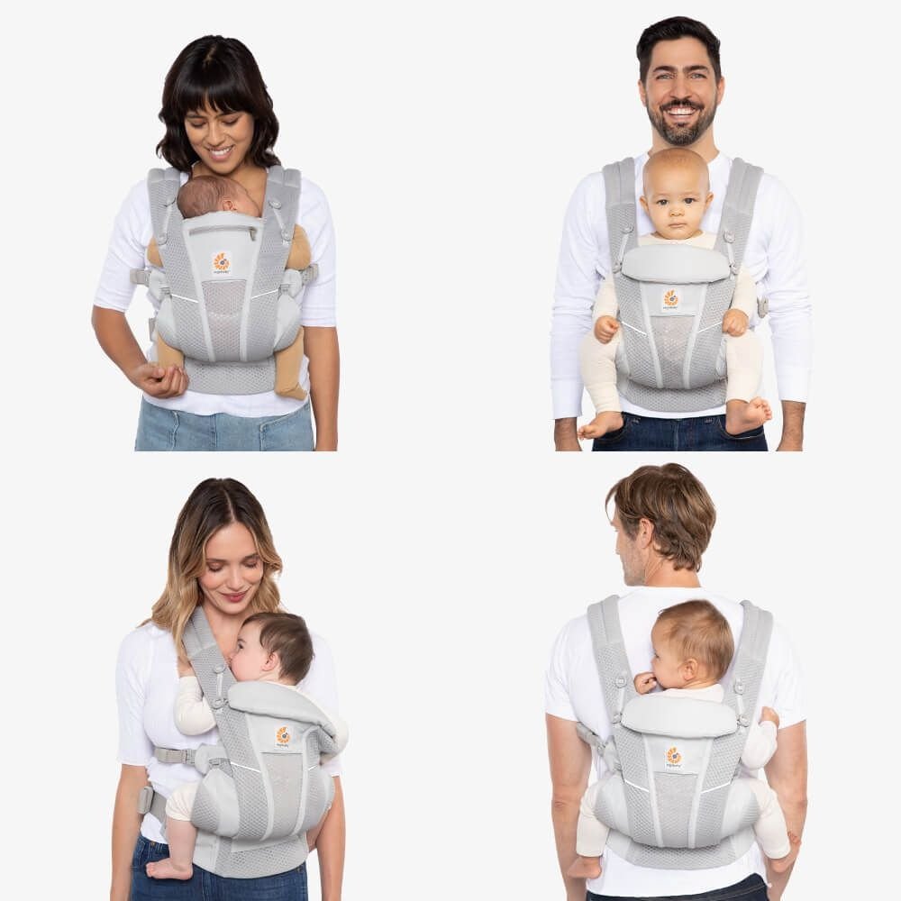 Light gray baby carrier shown on front, back, and side views with baby