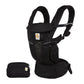Black baby carrier with adjustable straps and detachable storage pouch