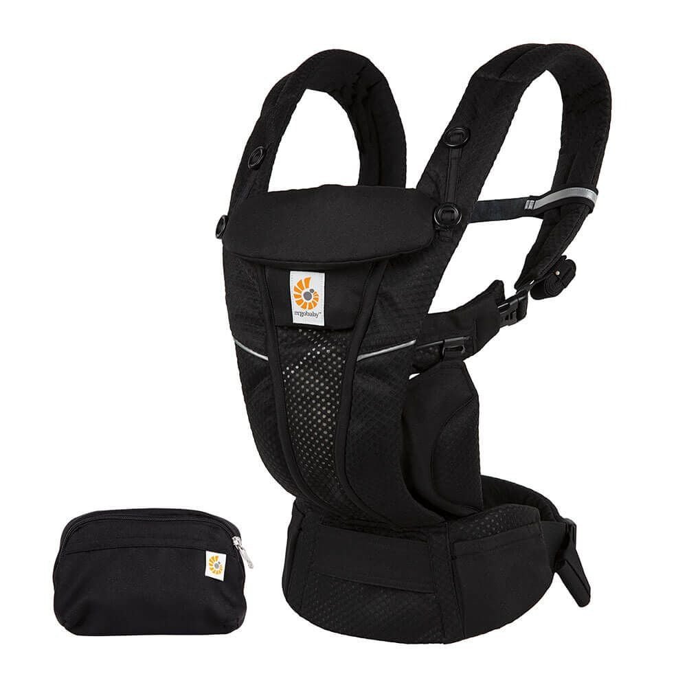 Black baby carrier with adjustable straps and detachable storage pouch