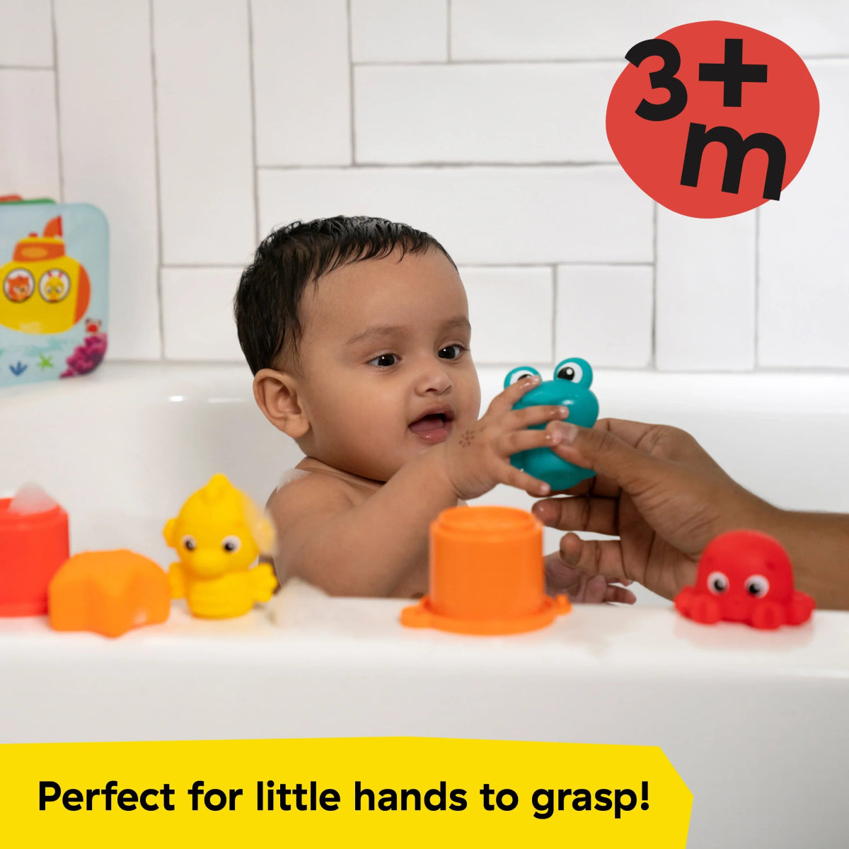 Bath animal toy figures with fillable orange cup, for little hands