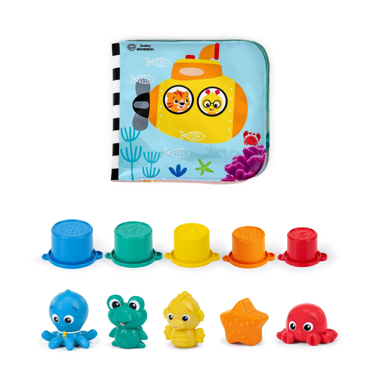 Bath gift set with animal toys, 5 fillable cups, and waterproof book in pouch