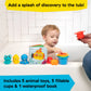 Bath toy set with animal figures and fillable cups, plus waterproof book for tub play