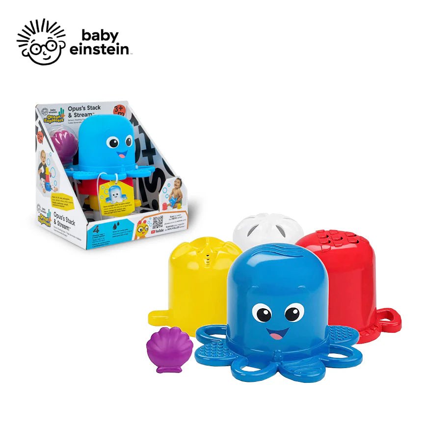 Sensory stacking cups set with octopus-shaped blue, yellow, and red cups