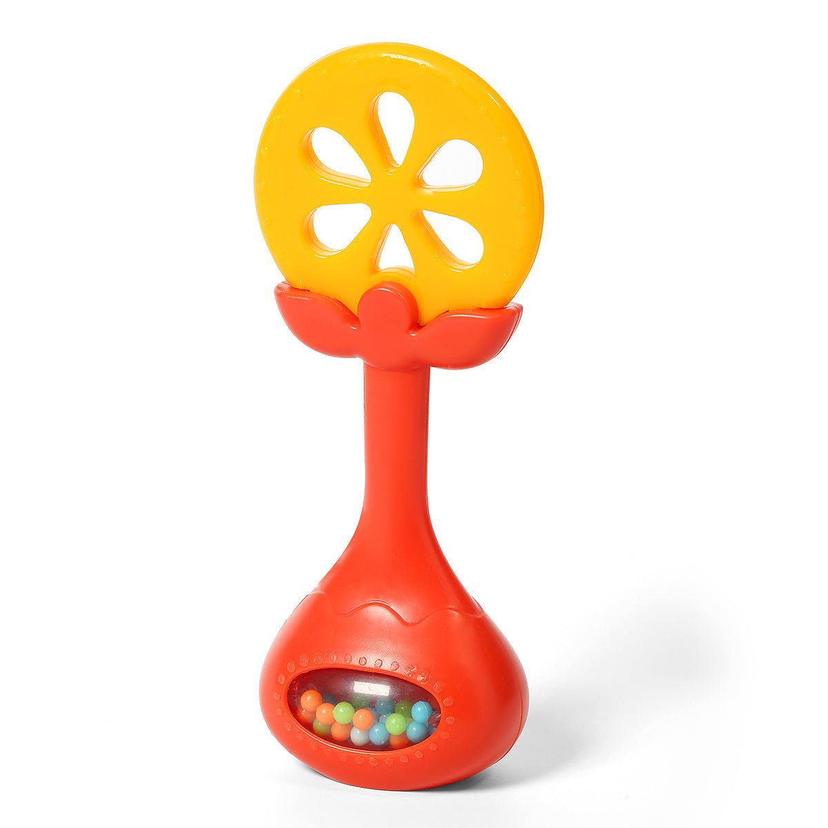 Orange teether with yellow flower ring and red bottom with bead compartment