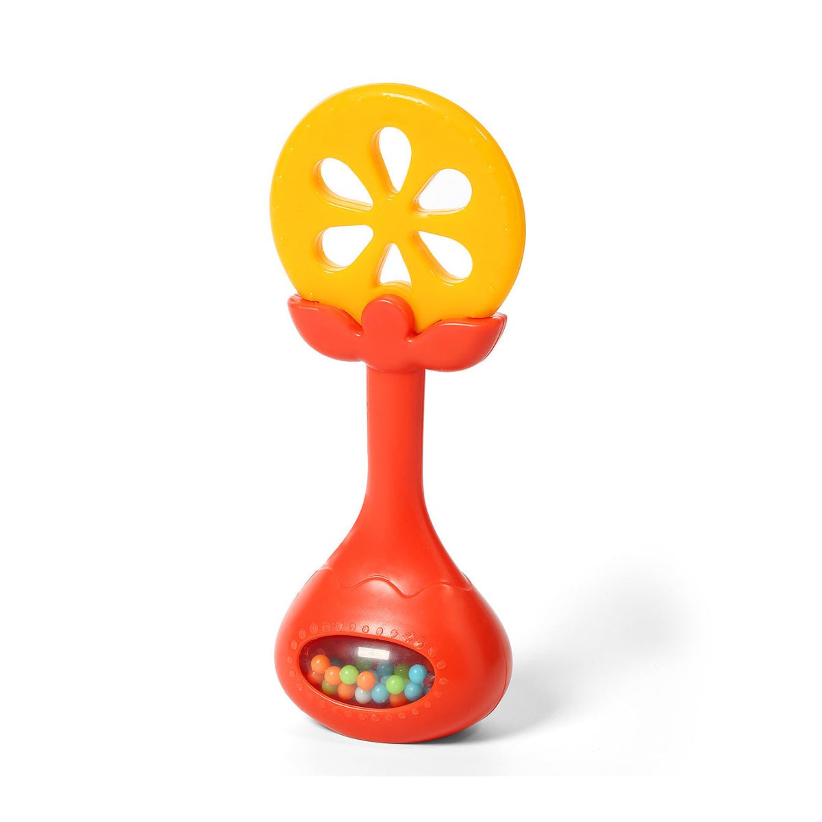 Orange teething toy with yellow flower top and red bead window handle