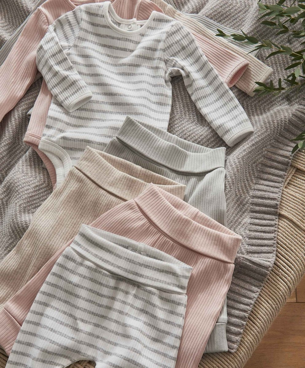 Folded ribbed long-sleeve bodysuits with horizontal stripes in oatmeal tones