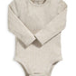 Oatmeal ribbed long-sleeve bodysuit with snap closure at leg opening