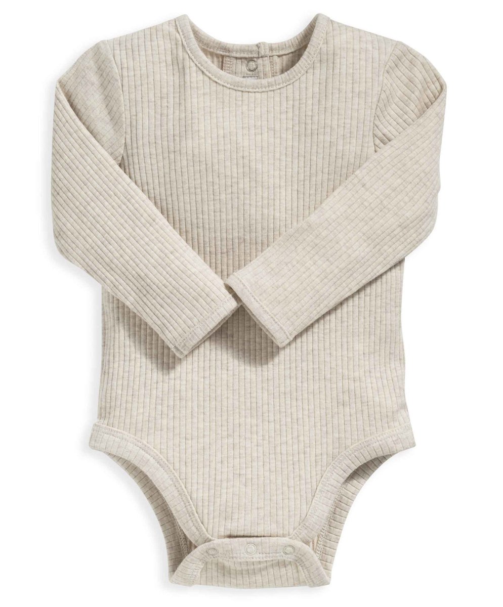 Oatmeal ribbed long-sleeve bodysuit with snap closure at leg opening
