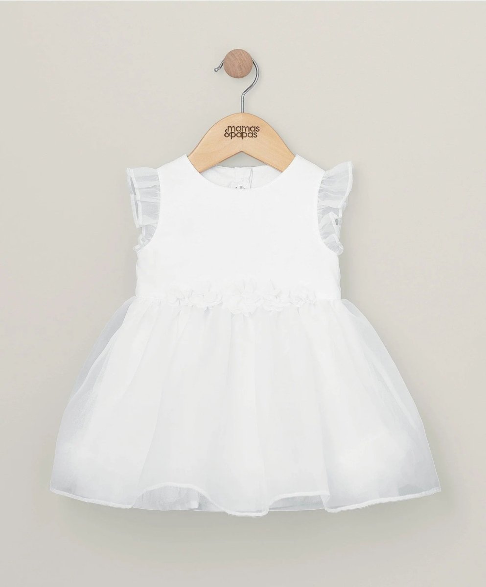 White organza flower dress with ruffled sleeves and tiered tulle skirt
