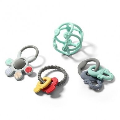 Ortho teether set of textured teething rings in mint, red, and gray