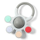 Baby orthopedic teether with rattle, gray center disc and five pads: mint, blue, red, beige.
