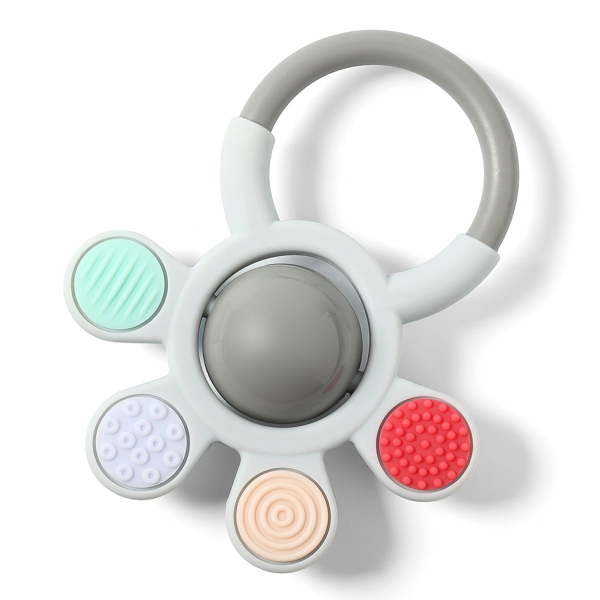 Baby orthopedic teether with rattle, gray center disc and five pads: mint, blue, red, beige.