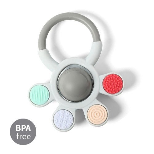 Baby orthopedic teether with rattle, gray ring and five textured pads in mint, red, beige.
