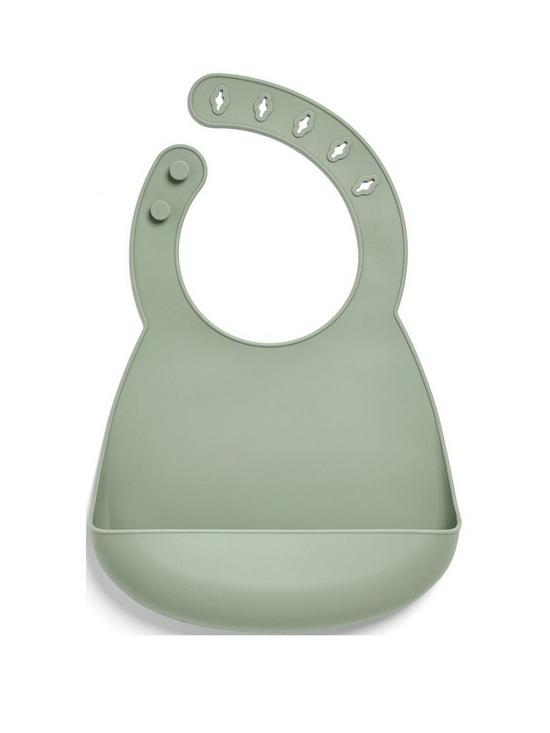 Silicone baby bib with muted green solid finish and buttoned neck