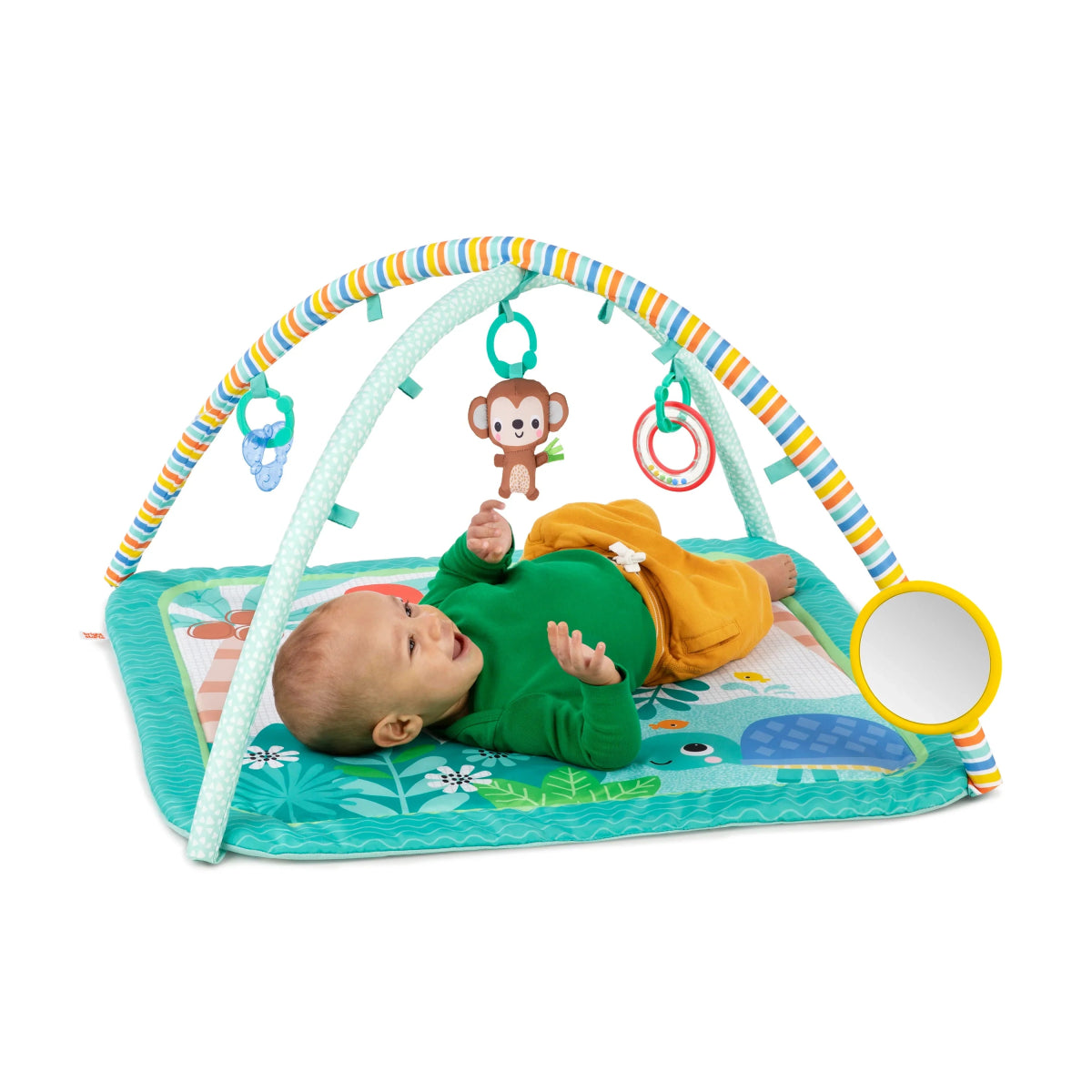 Baby activity play mat with arched toy bar and jungle hanging toys, turquoise and green