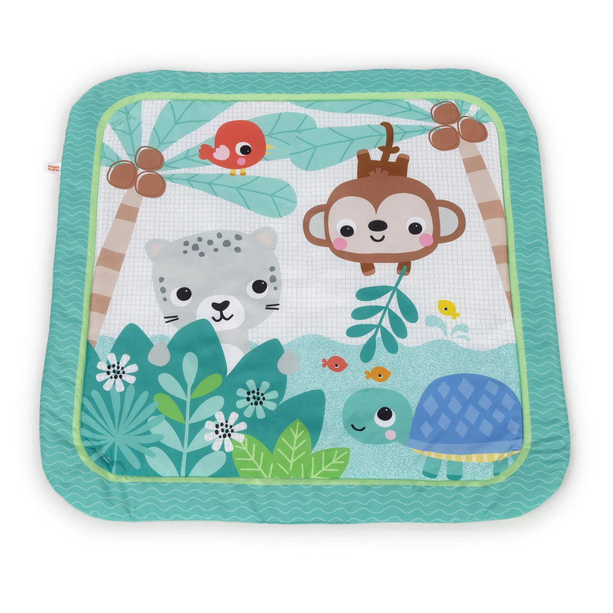 Jungle animal activity mat panel with monkey, cat, panda, elephant and fish prints, teal edging
