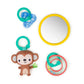 Hanging activity toy set: monkey plush, blue ring, yellow mirror, and spiral rattle