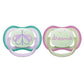 Baby pacifier set with butterfly and dreams designs, teal and pink
