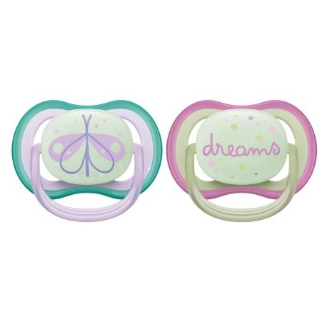 Baby pacifier set with butterfly and dreams designs, teal and pink