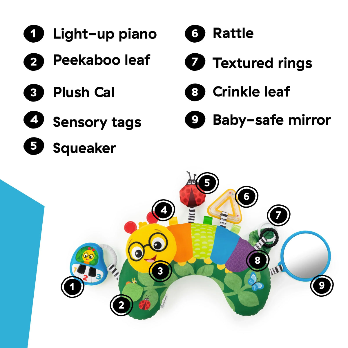 Multisensory activity pillow with hanging toys, rattle, textured rings, and baby-safe mirror
