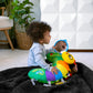 Green caterpillar tummy time activity pillow with plush toys and baby-safe mirror loop