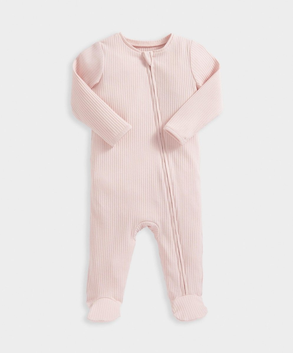 Pink ribbed zip sleepsuit front view with long sleeves and footed legs, zipper