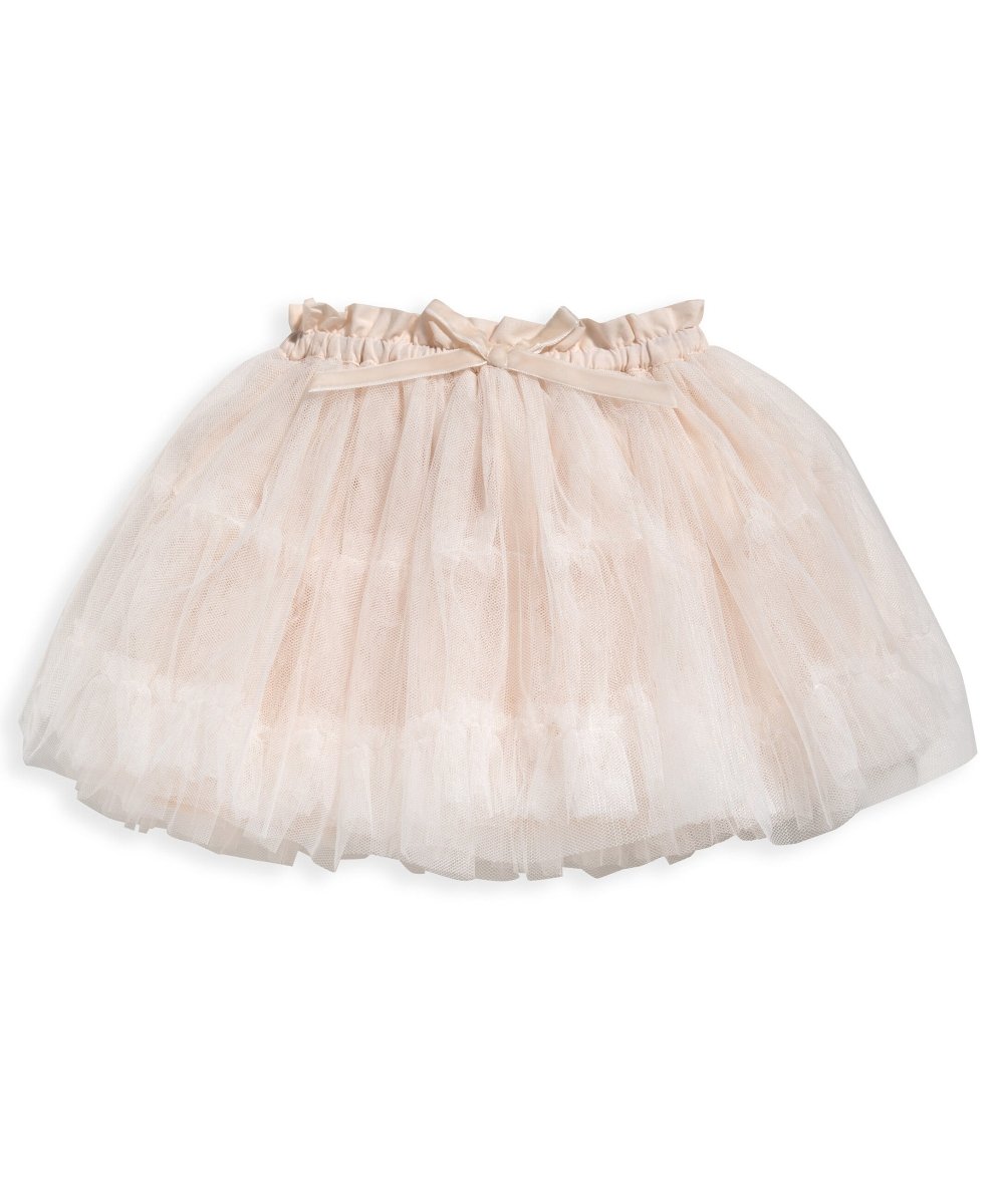 Light pink tulle tutu skirt with elastic waistband and layered ruffles