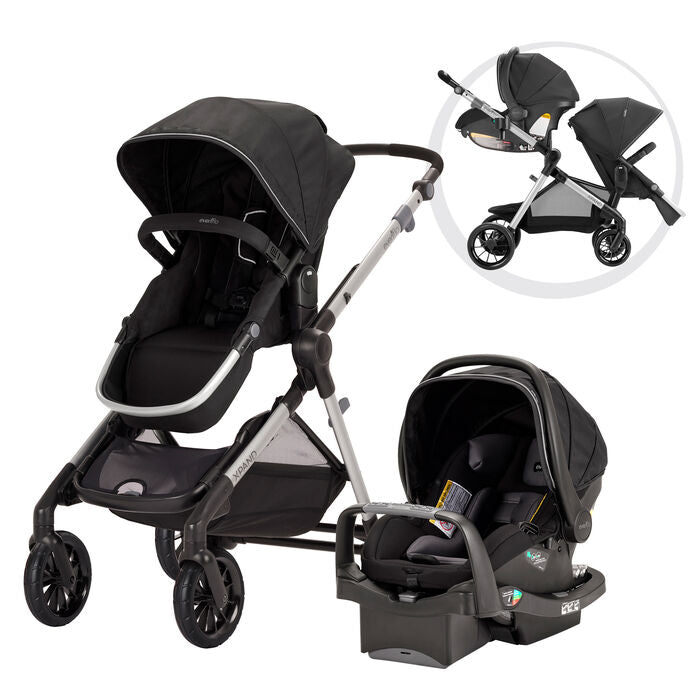 Modular travel stroller with black canopy and infant car seat, side-by-side set